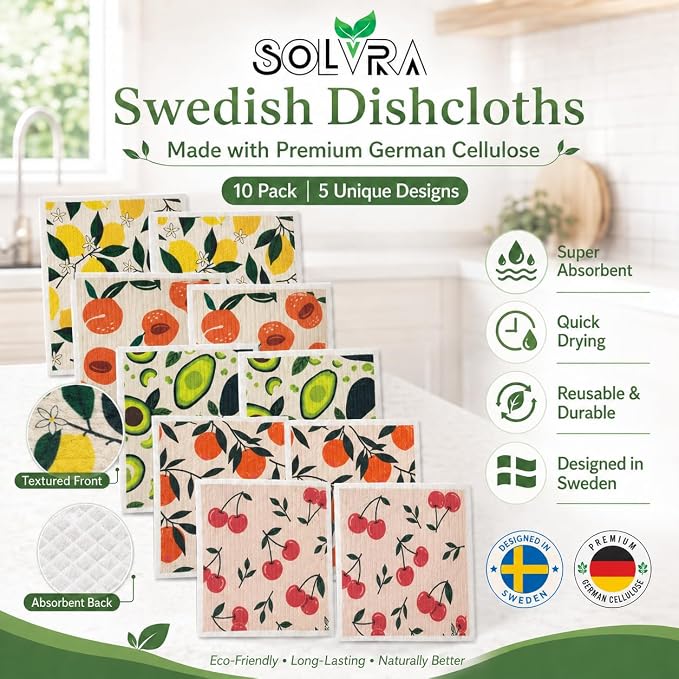 10 PCS Fruits Print Swedish Dishcloths for Kitchen 100% Biodegradable, Reusable Cellulose Sponge Cloths Ultra Absorbent, Eco Friendly Cleaning Towels Dishcloths for Washing Dishes & General Cleaning