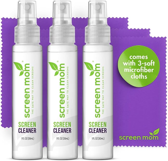 Screen Mom Screen Cleaner Spray 3 Pack-3x1oz for TV, Car, Laptop & Computer | Streak-Free Cleaning, Glass & OLED Safe, Alcohol & Ammonia Free, Includes 3-Microfiber Cloths, Removes Fingerprints & Smudges