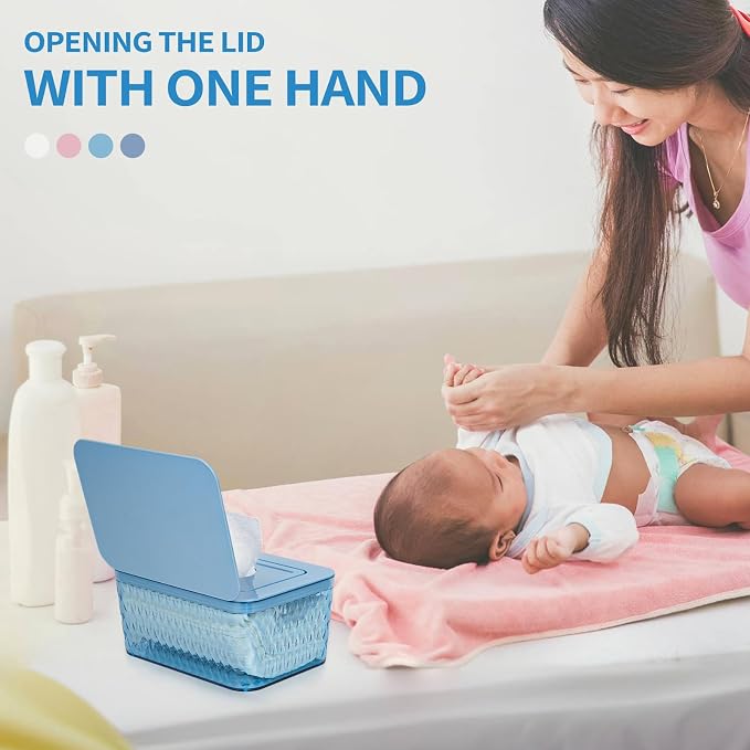 Wipes Dispenser, One-Handed Operation Wipe Holder for Baby & Adult, Seal-Designed Wipes Container for Bathroom Keep Diaper Wipes Fresh (Blue)