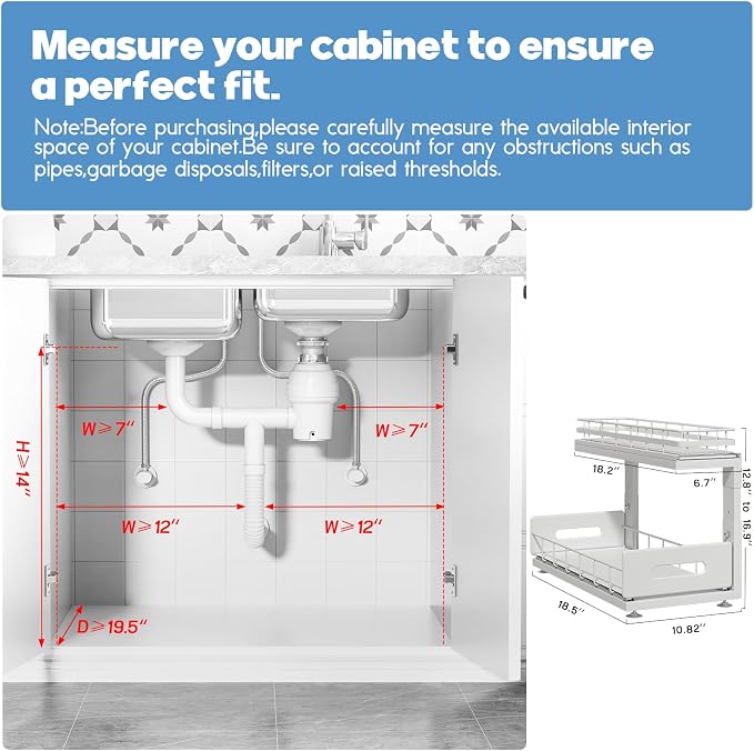 Under Sink Organizer Upgrade To Professional Rails,2-Tier Dual Pull Out Cabinet Storage,Height Adjustable Slide Out Drawers For Bathroom Kitchen,2 Pack-18.5"Dx12.8"-16.9"H,White