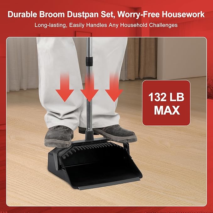 Tiumso 3-Pack Upright Broom with Dustpan Combo Set, Commercial Broom and Dustpan Set, Industrial Brooms and Dust Pan with Long Handle for Restaurant Kitchen Shop Warehouse Lobby Garage - Black