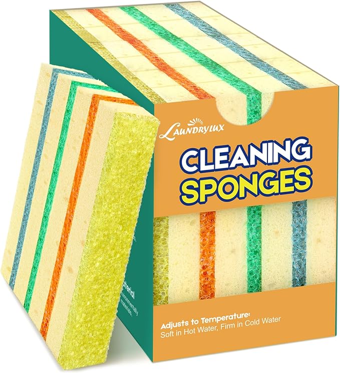 LAUNDRYLUX 6 Pack Scrub Sponge - Temperature-Responsive - 50% More Power & Rinses Cleaner Cleaning Sponges, Multipurpose Dish Sponges for Kitchens, Bathrooms, and Outdoor Use - Patent Pending