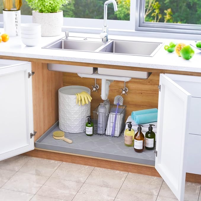 SIKADEER Under Sink Mat Waterproof 34" x 22", Silicone Mat Kitchen Drawer Shelf and Cabinet Liner, Sink Protector for Kitchen Organizers and Storage, Boot Tray Pet Food Mats