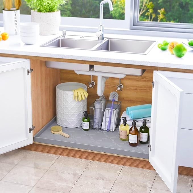 SIKADEER 22" x 22" Under Sink Mat Waterproof, Silicone Mat Kitchen Drawer Shelf and Cabinet Liner, Sink Protector for Kitchen Organizers and Storage, Boot Tray Pet Food Mats