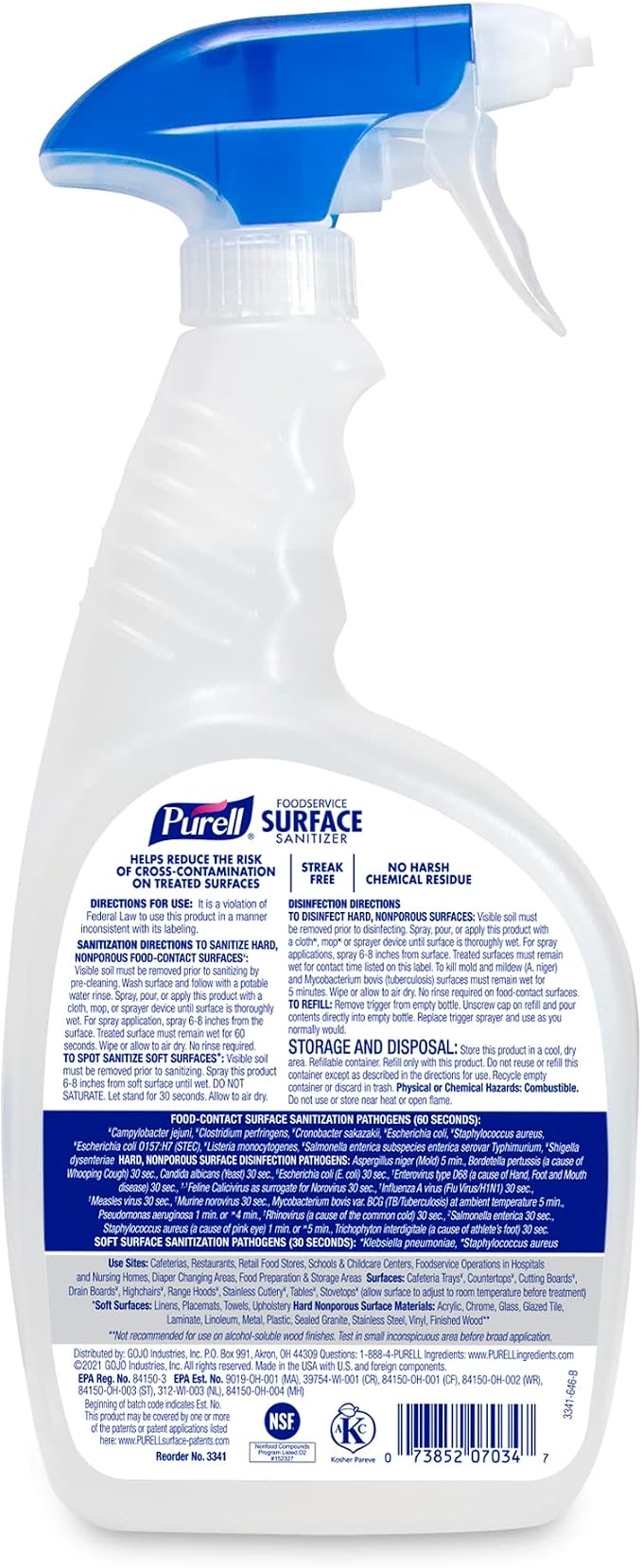 PURELL Foodservice Surface Sanitizer Spray, Fragrance Free, 32 fl oz Capped Bottle with Spray Trigger in Pack (Pack of 6) - 3341-06