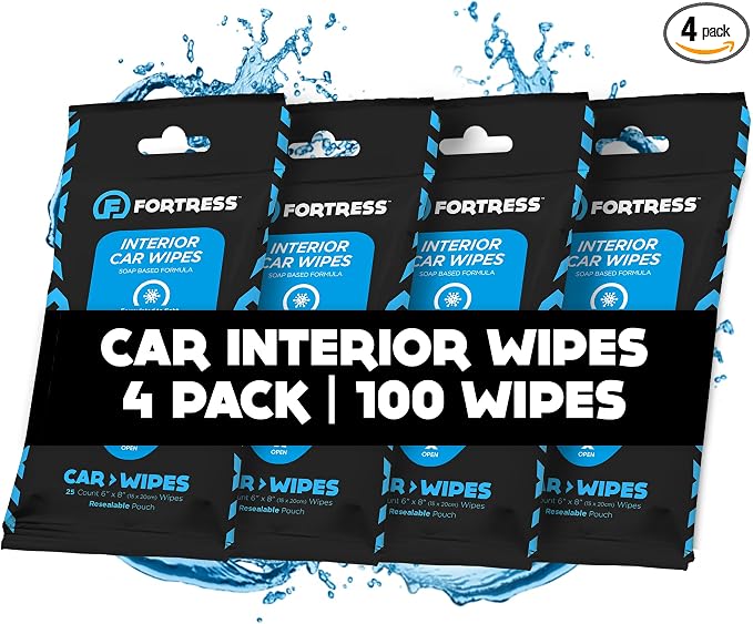 Fortress Car Interior Wipes (25 ct, Pack of 4) for Car Interior Cleaning, Dashboard, Seats, Detailing, and Steering Wheel [Travel Size] Skin-Safe Car Interior Cleaner Supplies