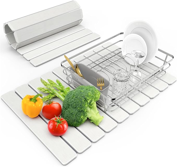 Large Stone Dish Drying Mat for Kitchen Counter, 24"(L)×16"(W), Collapsible Quick Dry Stone Dish Mats, Super Absorbent Diatomaceous Earth Drying Pad for Dishes Bottles Cups, Any Countertop (White)