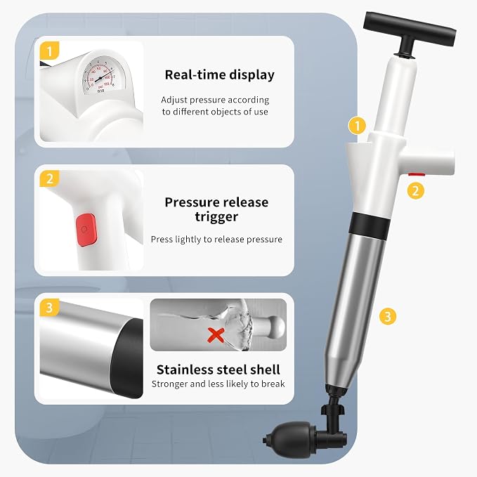 Toilet Plunger, Drain Clog Remover, Plungers for Bathroom, High-Pressure Air Drain Blaster with Real-Time Barometer Powerful Heavy Duty Toilet Snake for Sink, Floor, Kitchen Clogged