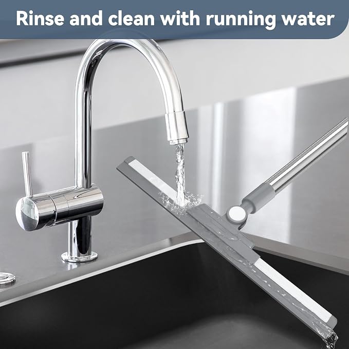 Floor Squeegee with 180° Rotating Head, Squeegee for Floor with 52'' Long Handle, Squeegee Broom, Squeegee for Window Cleaning, Bathroom Tile, Garage Concrete, Deck, Shower Glass (Silver)