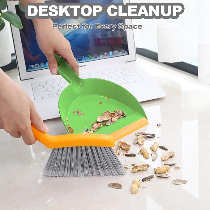 Mini Broom with Dustpan Combo Set Small Dust pan and Brush Set Quick Cleanup Debris Dust for Floor Countertop Worktop Desk Pet Cage (Green+Orange)