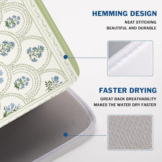 Blue Floral Print Green Stripe Dish Drying Mat 18x24 Inch | Rustic，Polyester，Absorbent Microfiber，for Kitchen Coffee Dining Bar Decor