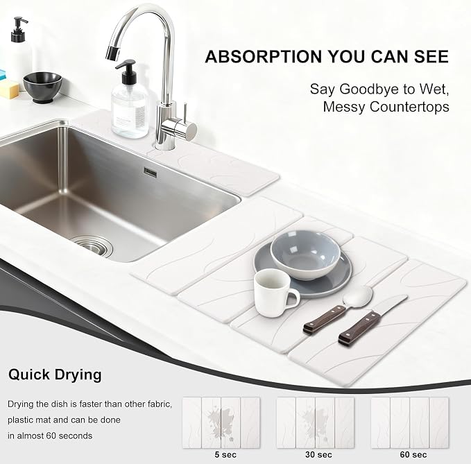 3 PCS Large Stone Dish Drying Mat for Kitchen Counter, Quick Dry Stone Dishes Mats, Sink Faucet Mat, Minimalist Water Absorbing Diatomaceous Earth Drying Pad for Countertop Tableware, Bottles