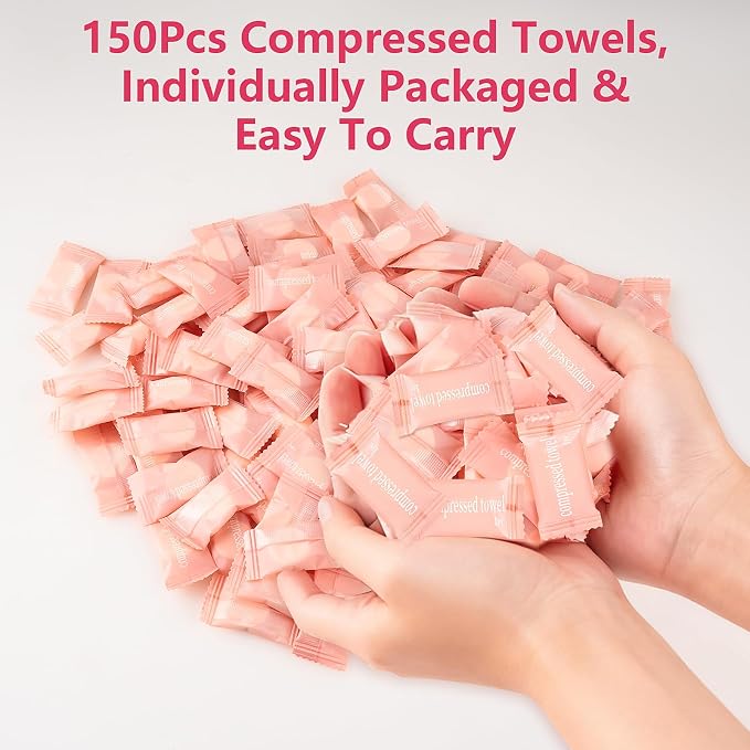 150Pcs Compressed Towel Tablets, Portable Mini Compressed Towels, Disposable Face Towel Washcloths for Travel, Beauty, Home Hand Wipes, Camping, Hiking, Outdoor Activities,Individually Wrapped MEQHUO
