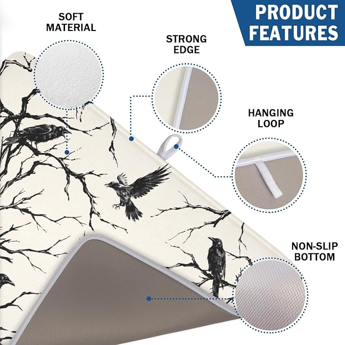 Halloween Crows Dish Drying Mat for Kitchen Counter Vintage Spooky Black Tree Branches Raven Pattern Microfiber Dish Drainer Mat Rustic Absorbent Washable Drying Pad 18"x24"