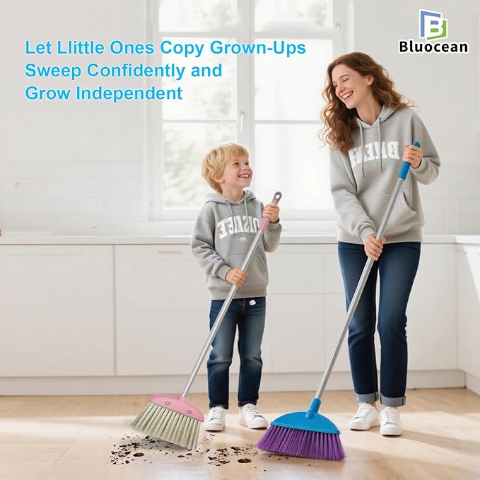 28'' Kids Mini Broom and Dustpan Set - Toddler Cleaning Toy, Toddler Household Helper, Parent-Child Interactive Play Cleaning Tool, Cute Cartoon Design, Small Safe Corner Broom (Pink)