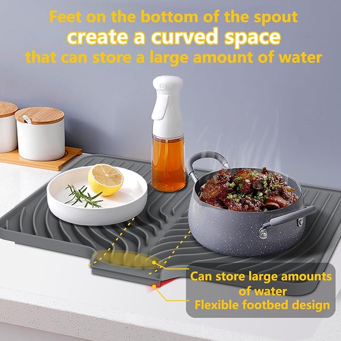 Dish Drying Mat for Kitchen Counter, 18"x12" Dish Drying Rack(gray) | Various Sizes & Colors,Steep-Slope Built in Drain,High-fin Ventilation,Food-grade Silicone,500F heat resistant,for Flat sinks