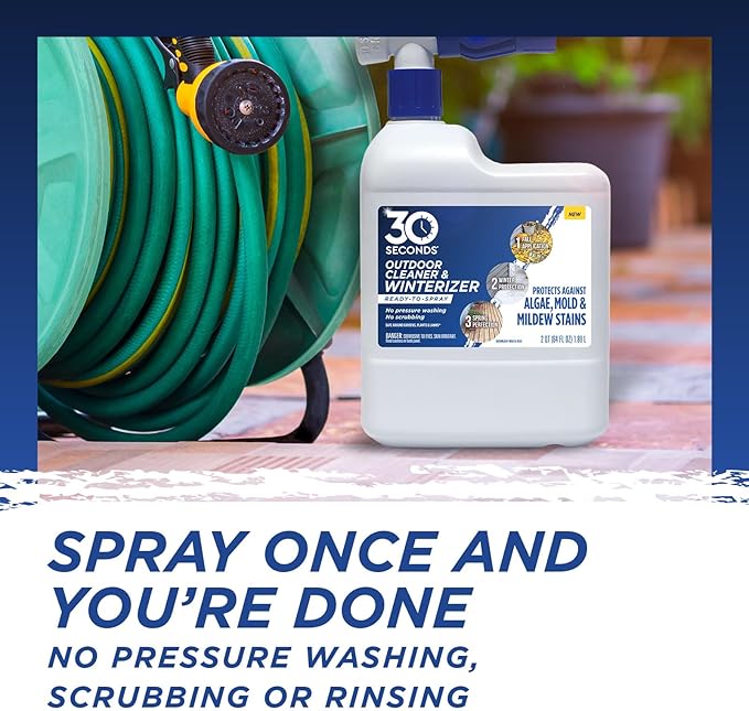 30 SECONDS Outdoor Cleaner & Winterizer - Spray in Fall, Works all Winter Long to Prevent Mold, Moss, Algae Stains from forming - No scrubbing required, 64 Fl Oz Hose End Spray