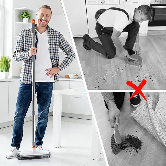 ITTAR Floor Scrub Brush with Long Handle, 12" Wide 2-in-1 Deck Brush and Squeegee with 55" Stainless Steel Pole, Heavy-Duty Stiff Bristles for Shower, Tile, Garage, Patio & Kitchen-Orange