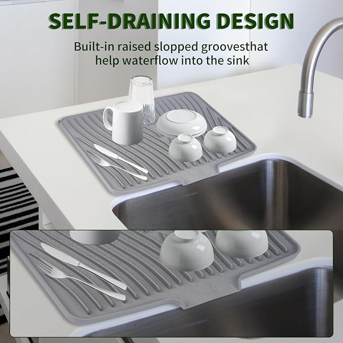Silicone Dish Drying Mat 16x13,Food-Grade Silicone,Easy Clean Pad for Countertop Protection,Heat Resistant,Easy Clean,Non-Slip Drain Pad with Built-in Drain,Multi-Functional Use,Grey