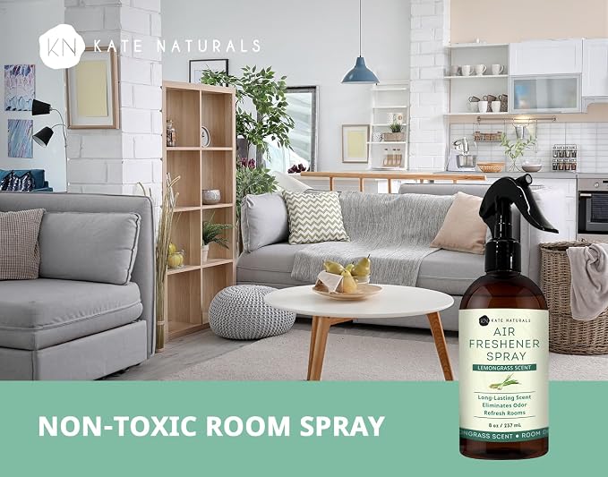 Kate Naturals Air Freshener Spray for Home. Lemongrass Essential Oil Odor Eliminator Room Freshener Spray for Pillows, Bedding, Linen (8 fl oz, Pet Safe, Non-Toxic) | Pet Safe, Non-Toxic, Essential Oil Odor Eliminator Room Freshener Spray for Pillows, ...