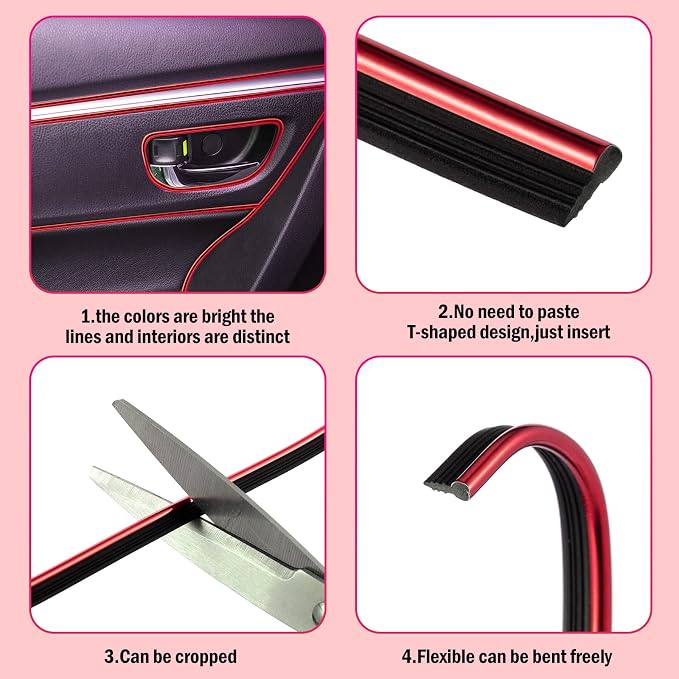 32 Feet Car Interior Moulding Trim Strips Universal Car Decoration Pinstriping Filler Insert Strips Dashboard Decorative DIY Flexible Garnish with Installing Tool(Simple Style,Red)