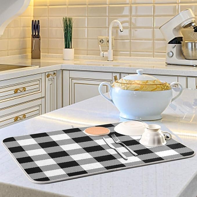 White and Black Buffalo Plaid Dish Drying Mat 18x24 for Kitchen Classic Buffalo Check Dishes Pad Dish Drainer Rack Mats Absorbent Fast Dry Kitchen Accessories