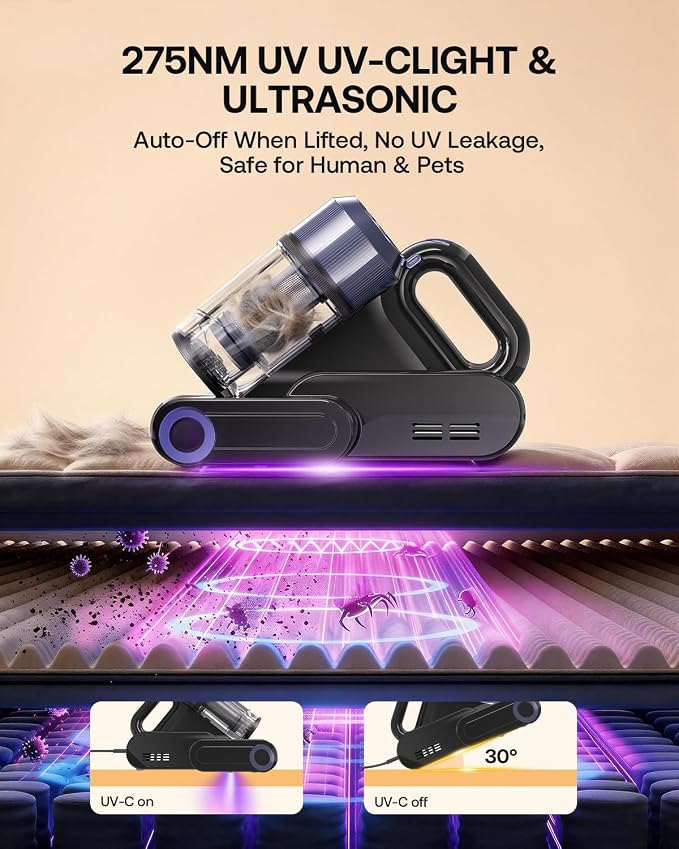 Mattress Vacuum Cleaner with 275nm UV-C Light & 149℉ Heat, 16Kpa Powerful Suction Bed Vacuum for Pet Hair & Dander, Smart Dust Sensor, Anion & Aromatherapy, Corded for Bed, Sofa, Couch, Purple