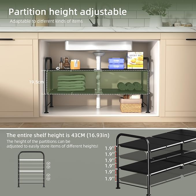 NETEL Under Sink Organizers and Storage,2 Tier Shelf Under Bathroom Sink,Cabinet Organizer with 8 Removable Carbon Steel Panels，Partition Height Adjustable,(27.36-36.02)" W x 12.28" D x 16.93" H