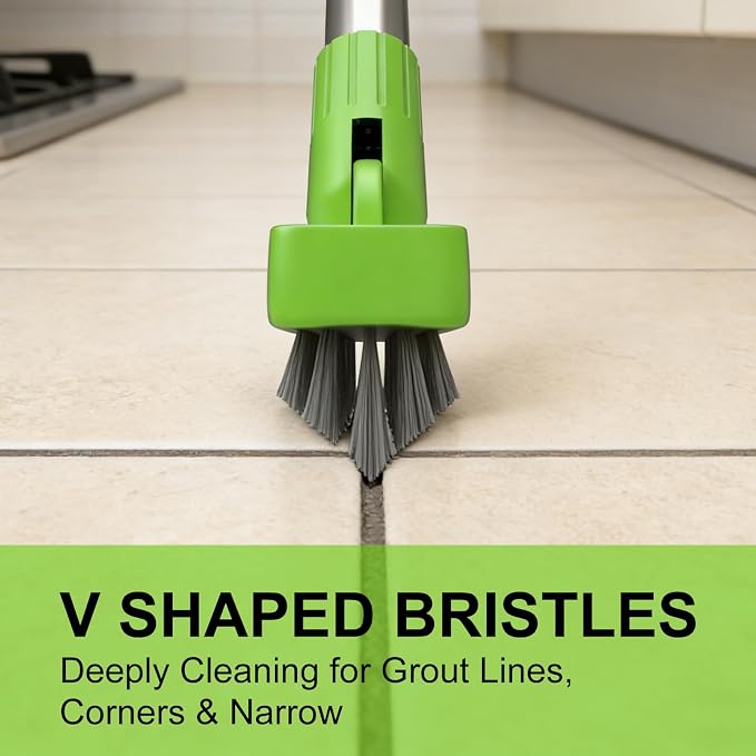 2 Pack Grout Brush with Long Handle, Swivel Cleaning Grout Line Scrubber - Durable Handle Grout Cleaner Brush for Bathroom,Tile,Baseboard,Walk in Shower,Corner & Narrow Space (Green)