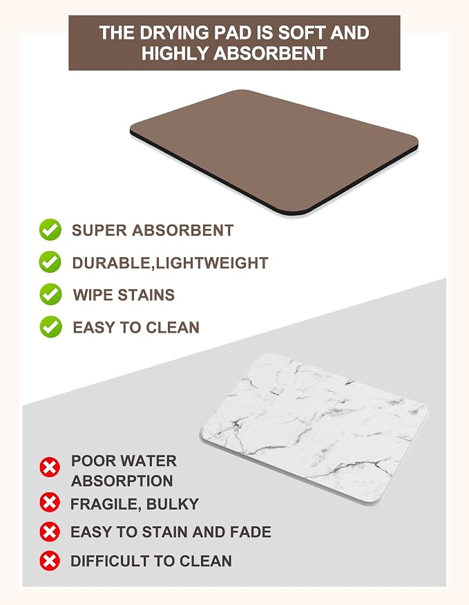 Dish Drying Mat for Kitchen Counter, 17" x 31.5"Dish Drying Pad with Non-slip Rubber Backed, Hide Stain Anti Absorbent for Kitchen Counter, Drying Mat for Coffee Machine Dish Rack (Brown)