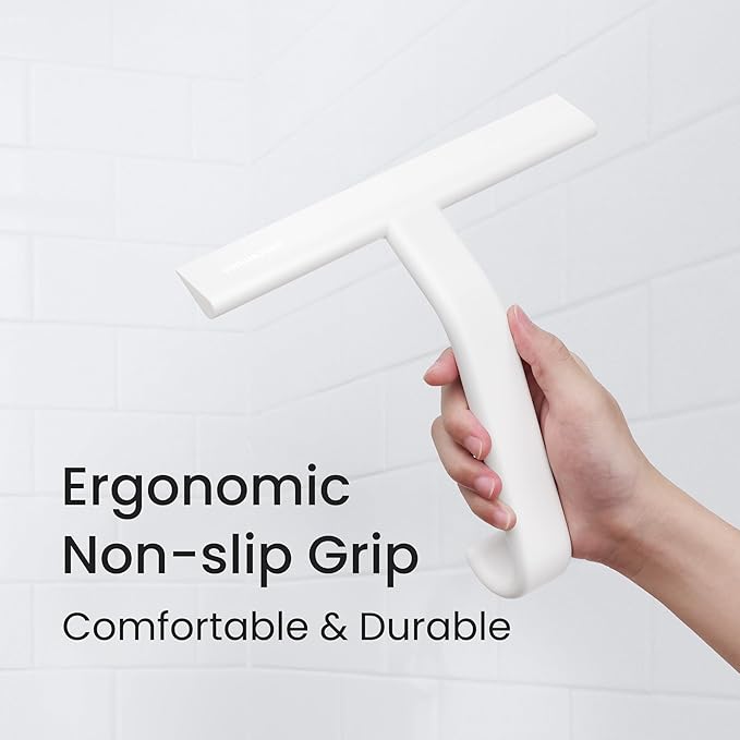 dancemoon JustHang Shower Squeegee with Built-in Hook, 10-Inch White | Award-Winning Design, All-One-Piece Soft-Touch Silicone, for Glass Door, Bathroom, Window, Mirror, Tile Wall, Car