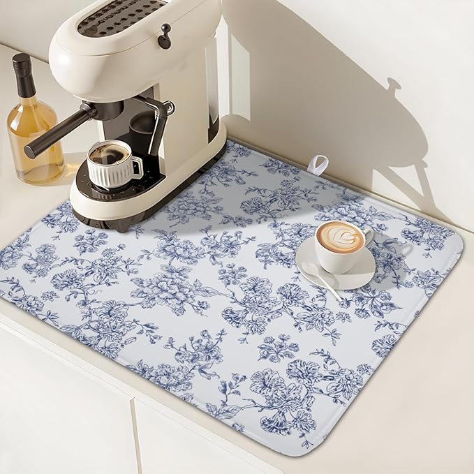 Blue Floral Dish Drying Mat for Kitchen Counter Chinoiserie Flower Microfiber Dish Drainer Mat Vintage Rustic Elegant Absorbent Washable Drying Pad Extra Large 16"x18"