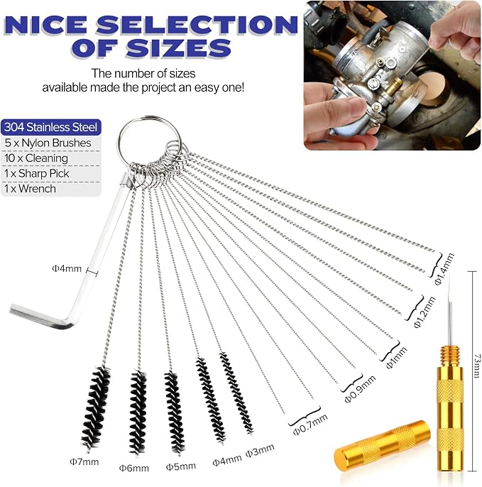 Valchoose Carburetor Cleaning Kit, Multi-Size Jet Clean Tools, 1 Set | 13 Wires,10 Needles,5 Brushes,1 Pick,1 Wrench, Efficiently Removes Carbon Deposits, Fits Motorcycle, ATV, Welder & Airbrush