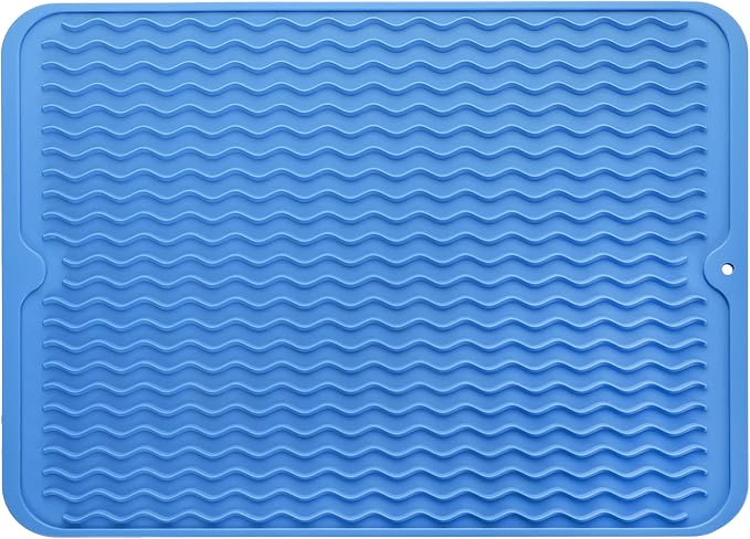 MicoYang Silicone Dish Drying Mat — Quick-Dry Ridges Counter & Sink Pad, Heat-Resistant Trivet to 450°F, Non-Slip & Dishwasher Safe, Roll-Up Storage, 18 Colors & 9 Sizes (Lichen Blue, 16"×12")