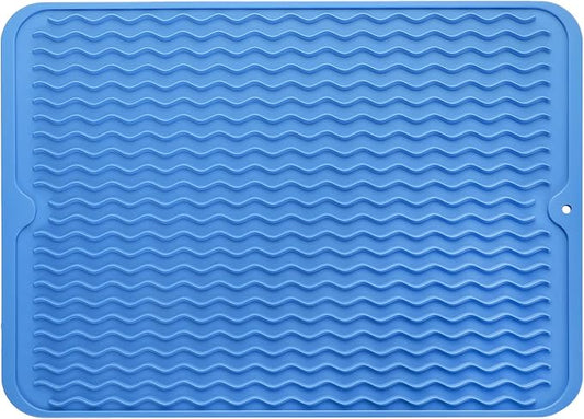 MicoYang Silicone Dish Drying Mat — Quick-Dry Ridges Counter & Sink Pad, Heat-Resistant Trivet to 450°F, Non-Slip & Dishwasher Safe, Roll-Up Storage, 18 Colors & 9 Sizes (Lichen Blue, 16"×12")