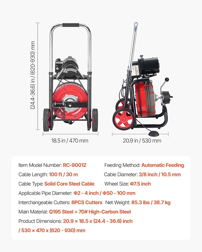 VEVOR Drain Cleaner Machine 100FT x 3/8 Inch, Auto Feed Sewer Snake Auger on Wheels, 370W Portable Drain Cleaning Machine with 8 Cutters & Air-activated Foot Switch for 2" to 4" Pipes