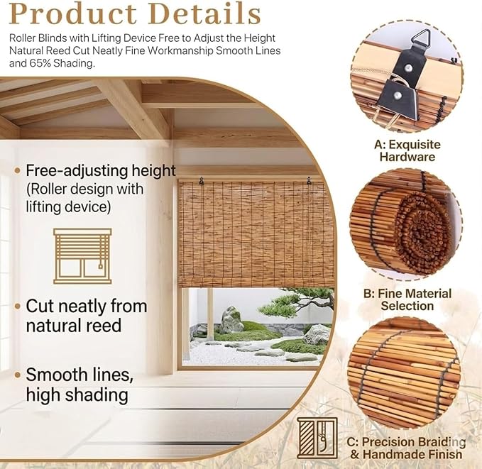 Retro Bamboo Shades for Outdoor Patio Privacy, Waterproof Bamboo Blinds, Natural Reed Bamboo Roll Up Blinds, Bamboo Roller Shades for Porch Gazebo Deck Windows, Sizes 16" to 80" Wide(42" W x 64" H)