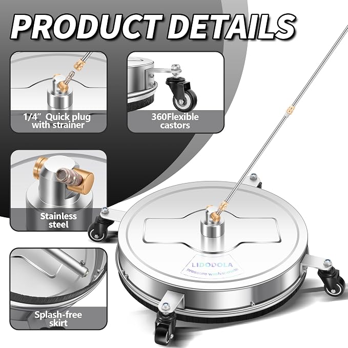 LidoDola 20'' Pressure Washer Surface Cleaner, Power Washer Accessory | Stainless Steel Housing with 4 Wheels, 1/4" QC, 2 Extension Wands & 2 Replacement Nozzles, for Gas & Electric Pressure Washer
