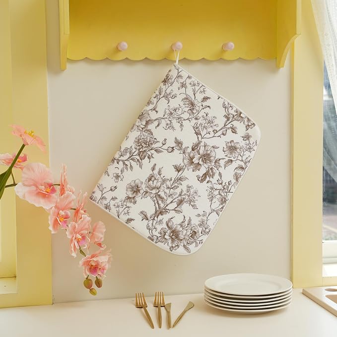 Brown Floral Dish Drying Mats 18x24 Inch Brown Chinoiserie Flower Holiday Kitchen Decor Absorbent Drying Pad Rack Drainer Mats for Kitchen Dining Room Counter