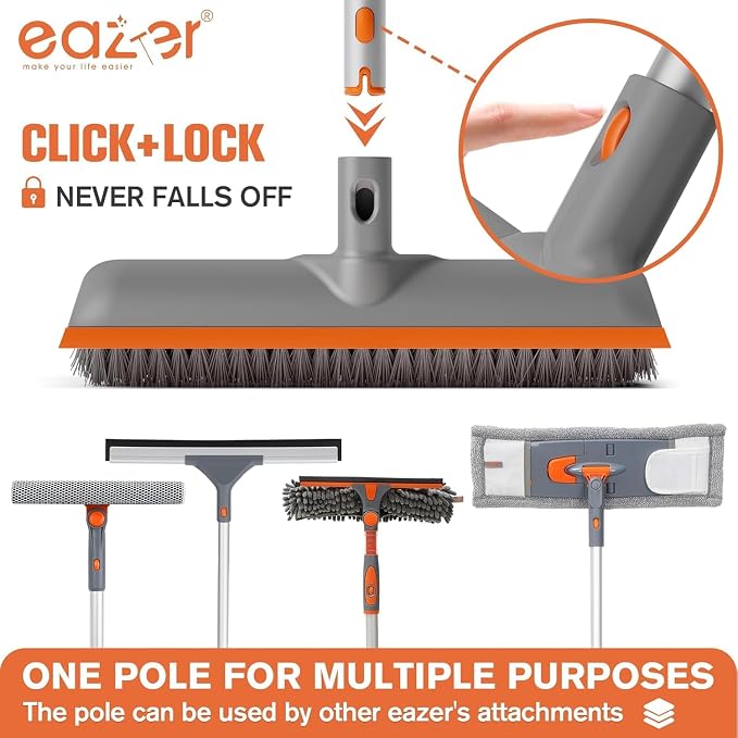 Eazer 2-in-1 Floor Scrub Brush with Long Handle, Soft/Hard Bristle Concrete Deck Brush with Squeegee, Garage Floor Cleaner for Tile/Concrete, Indoor/Outdoor Kitchen Bathroom Pool Deck -12" W/60 H