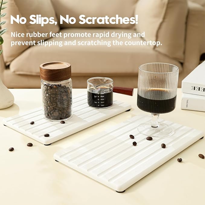 Razborci 2PCS Water Absorbing Stone Drying Tray Mat for Bathroom Sink & Kitchen Counter Organizer, Quick Dry Dish Soap Dispenser Sponge Holder, Vanity Sink Caddy, Drink Bar Coaster, White - 10"*6"