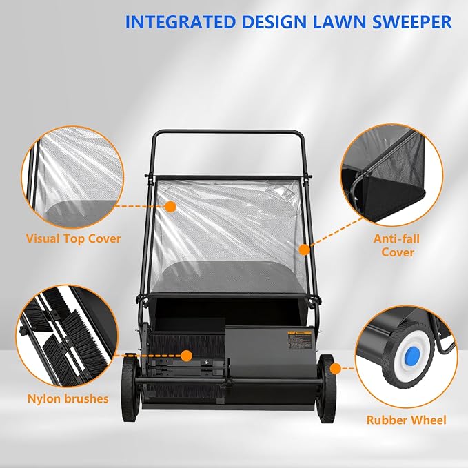 26 Inch Push Powered Garden Sweeper for Grass Clippings, Leaves & Debris – Manual Push Yard Sweeper
