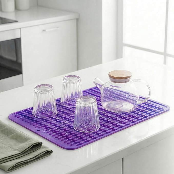 MicoYang Silicone Dish Drying Mat — Quick-Dry Ridges Counter & Sink Pad, Heat-Resistant Trivet to 450°F, Non-Slip & Dishwasher Safe, Roll-Up Storage, 18 Colors & 9 Sizes (Purple, 16"×12")