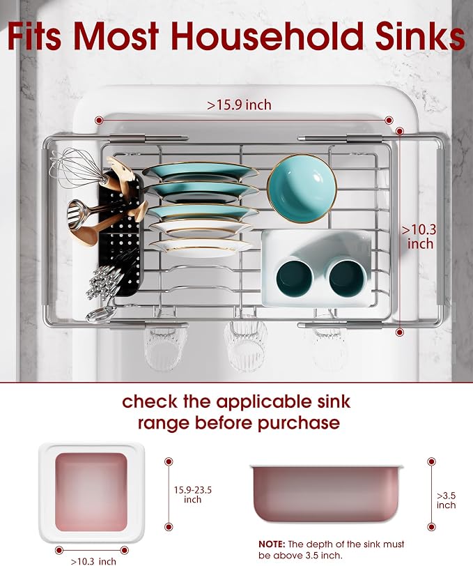 Sakugi Dish Drying Rack in Sink - Expandable Stainless Steel Dish Rack Over the Sink, Kitchen Sink Drain Strainer with Cutlery Holder & Cup Holders, 15.4 x 9.8 x 3.0 Inch, Grey