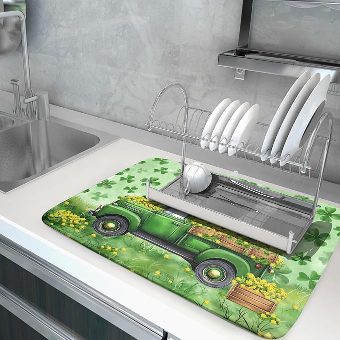 Green Holiday Dish Drying Mat Lucky Clover Truck Drying Mat for Kitchen Counter 18 X 24