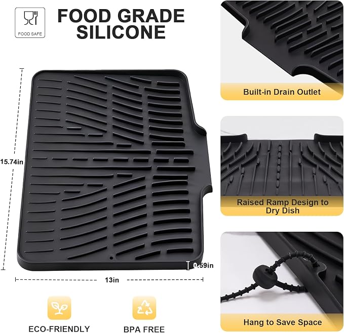 Silicone Dish Drying Mat for Kitchen Counter,Non-Slip Dish Drying Pad with Drain Lip,Heat Resistant Sink drying Mat for Dishes,Large Rubber dish drain mat dish rack mat (Black,15.8"x13")