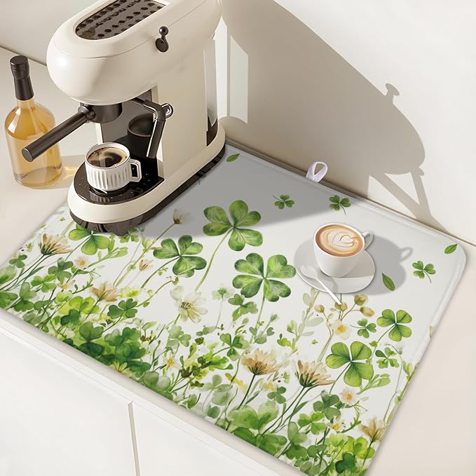 St Patrick's Day Green Clover Dish Drying Mat 18x24 Inch | Shamrock，Polyester，Absorbent Microfiber，for Kitchen Coffee Dining Bar Decor