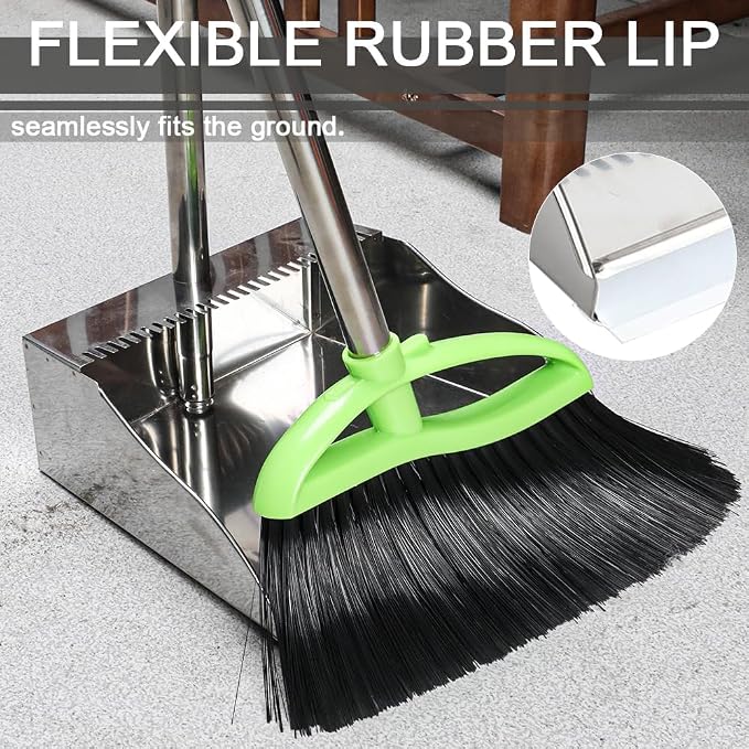 Soft Bristles Broom and Metal Dustpan Set for Indoor, Hardwood, Floor