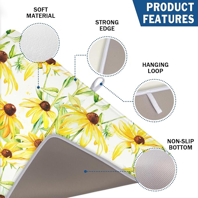 Yellow Sunflower Dish Drying Mat for Kitchen Counter 18x24 Inch | Floral，Polyester，Absorbent Microfiber，for Coffee Dining Bar Decor