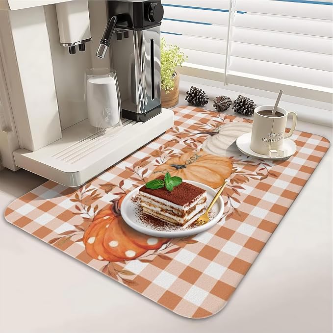 Fall Dish Drying Mat 2-Pack Gingham Pumpkin for Kitchen Counter Dishes | Diatom Mud Mats (18x24, 19.5x12"). Non-slip rubber back for kitchen counter, coffee bar & sink scenes